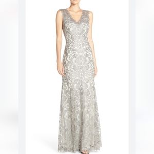 Tadashi Shoji Silver Lace Applique Formal Gown